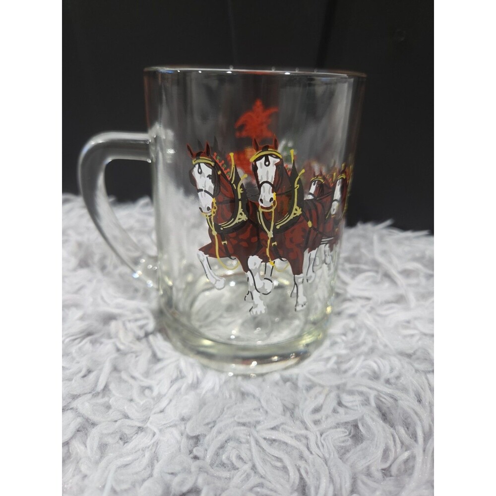 Vintage Budweiser Champion Clydesdale Horses Wagon Glass Beer Mug 4.5" Boxed